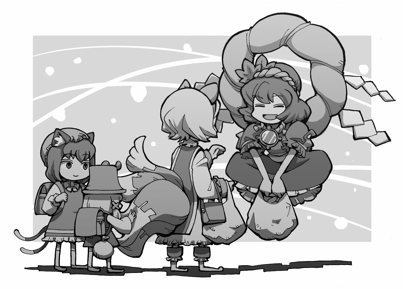 hounori, chen, moriya suwako, yakumo ran, yasaka kanako, touhou, bad id, bad pixiv id, 4girls, animal ears, backpack, bag, cat ears, cat girl, cat tail, female focus, greyscale, hat, long sleeves, monochrome, multiple girls, no headwear, puffy short sleeves, puffy sleeves, randoseru, rope, shoes, short hair, short sleeves, socks, tail, wide sleeves