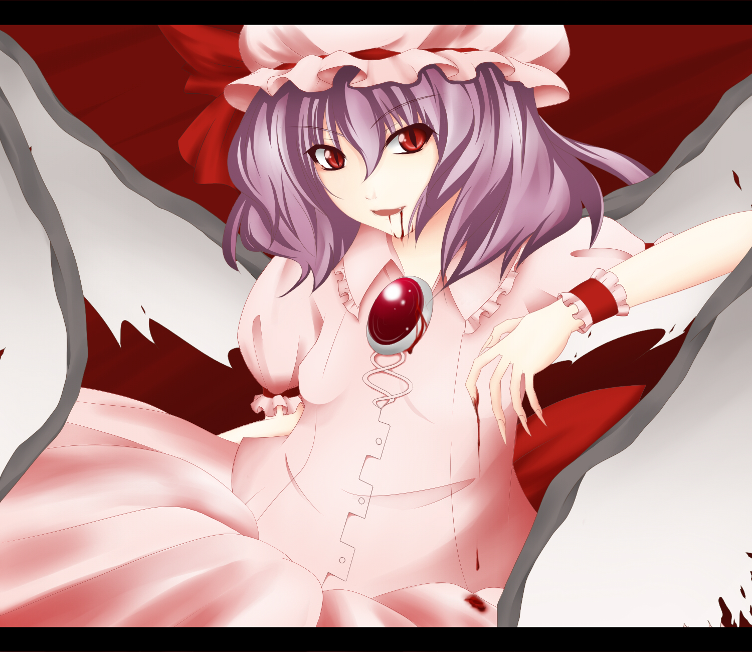 kuroa, remilia scarlet, touhou, bad id, bad pixiv id, highres, 1girl, blood, blue hair, female focus, gradient background, hat, letterboxed, ribbon, short hair, solo, wings
