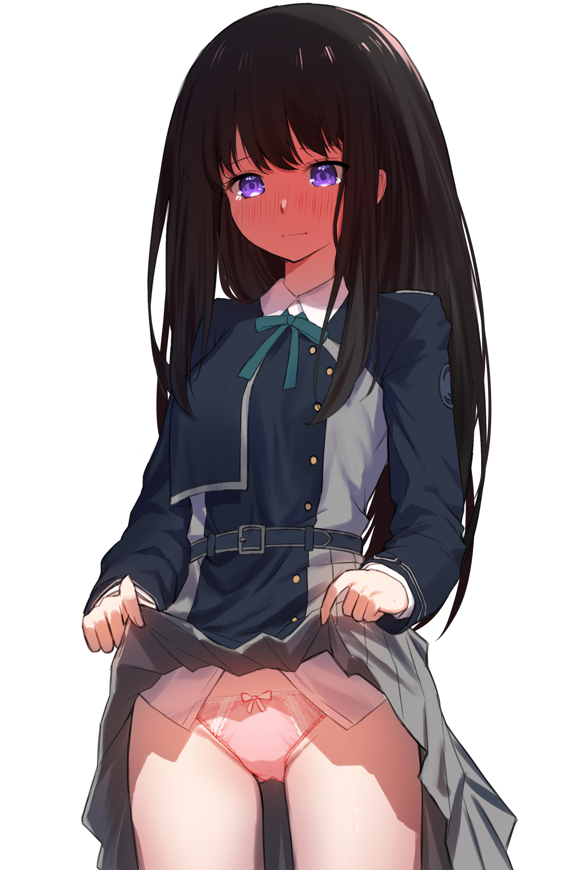 kutar22, inoue takina, lycoris recoil, absurdres, commentary request, highres, 1girl, belt, black hair, blush, closed mouth, clothes lift, cowboy shot, full-face blush, grey skirt, lifting own clothes, long hair, long sleeves, lycoris uniform, panties, pink panties, pleated skirt, purple eyes, simple background, skirt, skirt lift, underwear, white background