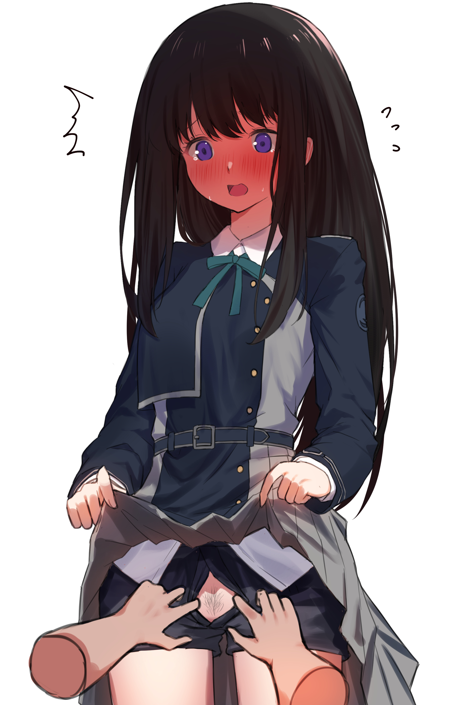 kutar22, inoue takina, lycoris recoil, absurdres, commentary request, highres, 1girl, belt, black hair, black shorts, blush, clothes lift, cowboy shot, disembodied hand, female pubic hair, flying sweatdrops, full-face blush, grey skirt, lifting own clothes, long hair, long sleeves, lycoris uniform, open mouth, pleated skirt, pubic hair, purple eyes, short shorts, shorts, shorts under skirt, simple background, skirt, skirt lift, white background