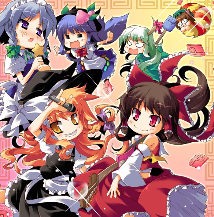 utsurogi angu, chen, ex-keine, hakurei reimu, hinanawi tenshi, izayoi sakuya, kamishirasawa keine, kirisame marisa, touhou, silver hair, 6+girls, :3, = =, animal ears, apron, blonde hair, blue hair, bow, braid, brown hair, cat ears, cat girl, chibi, detached sleeves, female focus, food, fruit, green hair, guitar, hat, horns, instrument, japanese clothes, long hair, maid, maid apron, maid headdress, microphone, miko, multiple girls, music, outstretched arms, peach, power-up, red eyes, ribbon, short hair, singing, smile, spread arms, star (symbol), twin braids, upskirt, witch hat, yellow eyes