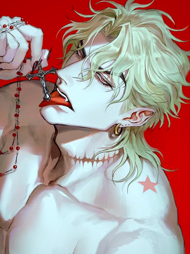 oyatsu (205415), dio brando, jojo no kimyou na bouken, stardust crusaders, commentary request, 1boy, birthmark, bishounen, black nails, blonde hair, cross, cross necklace, ear birthmark, earrings, fangs, fingernails, holding, holding cross, jewelry, joestar birthmark, looking at viewer, male focus, muscular, muscular male, necklace, pectorals, red background, red eyes, scar, scar on neck, sharp fingernails, solo, tongue, tongue out, topless male, vampire