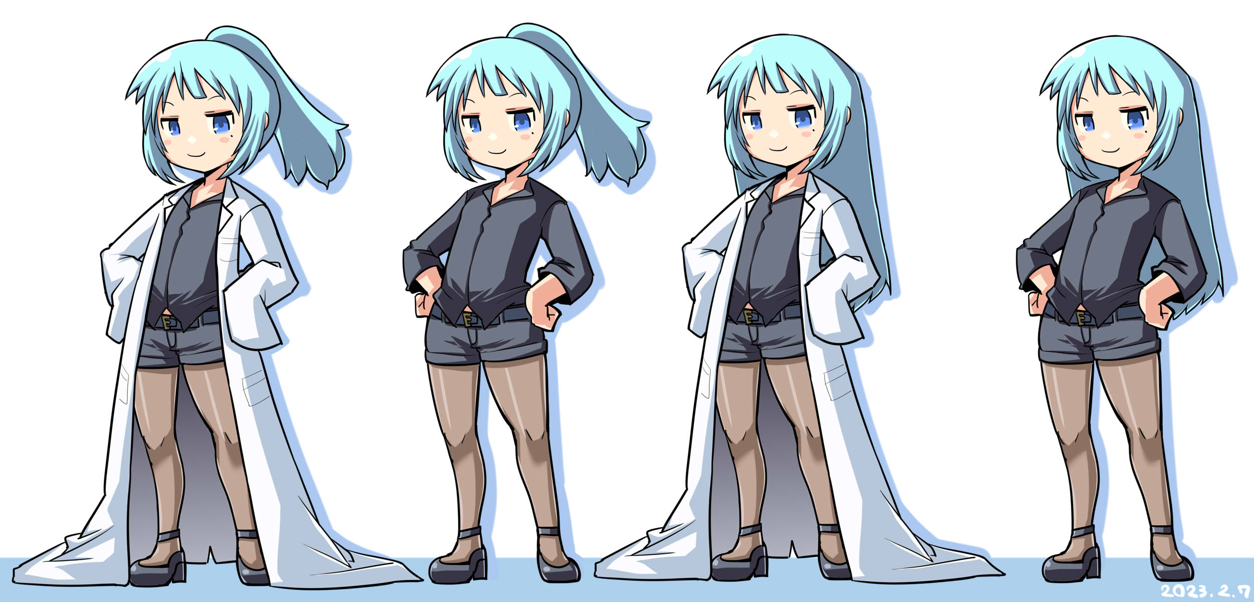itini-sanshi, 2channel, commentary request, highres, 1boy, 2channel (/livejupiter/), aile-kun, belt, black belt, black shirt, blue eyes, blue hair, closed mouth, coat, collared shirt, crossdressing, crossdressing (mtf), dated, full body, grey shorts, high ponytail, lab coat, long hair, looking at viewer, male focus, mole, mole under eye, open clothes, open coat, ponytail, shirt, shorts, simple background, smile, standing, white background, white coat