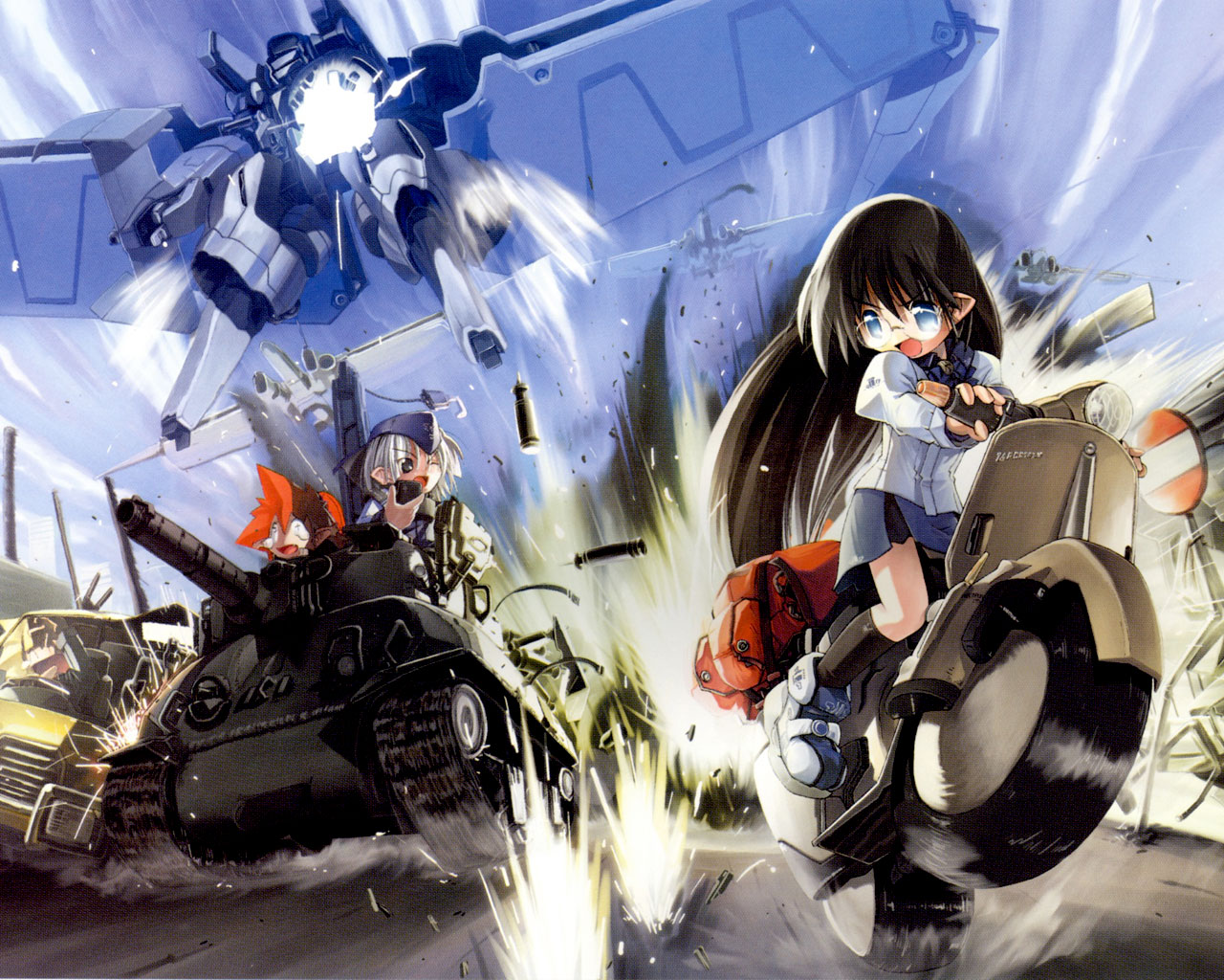 nanaroku (fortress76), m4 sherman, 3girls, action, car, caterpillar tracks, glasses, mecha, military, military vehicle, motor vehicle, multiple girls, robot, scooter, tank, vehicle focus