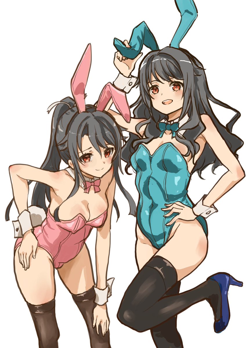 murayama kei, munetani mashiro, high school fleet, 2girls, alternate costume, animal ears, black hair, black thighhighs, blue bow, blue leotard, blue shoes, bow, breasts, fake animal ears, feet out of frame, hand on own hip, leg up, leotard, long hair, looking at viewer, medium breasts, multiple girls, pink bow, pink leotard, playboy bunny, ponytail, rabbit ears, rabbit tail, red eyes, shoes, simple background, standing, tail, teeth, thighhighs, upper teeth only, white background, wrist cuffs