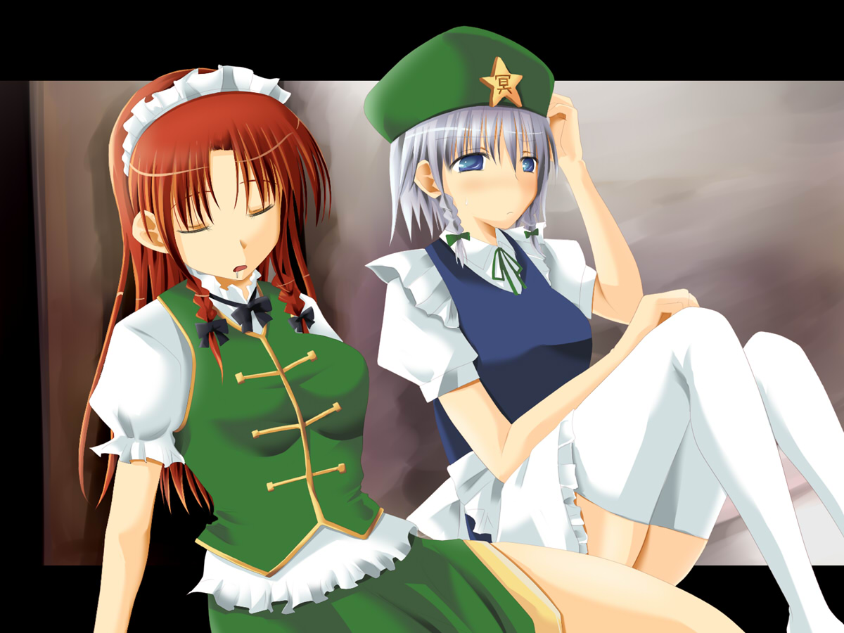 scopman, hong meiling, izayoi sakuya, embodiment of scarlet devil, touhou, bad id, bad pixiv id, 2girls, china dress, chinese clothes, dress, female focus, maid, multiple girls, sleeping, thighhighs
