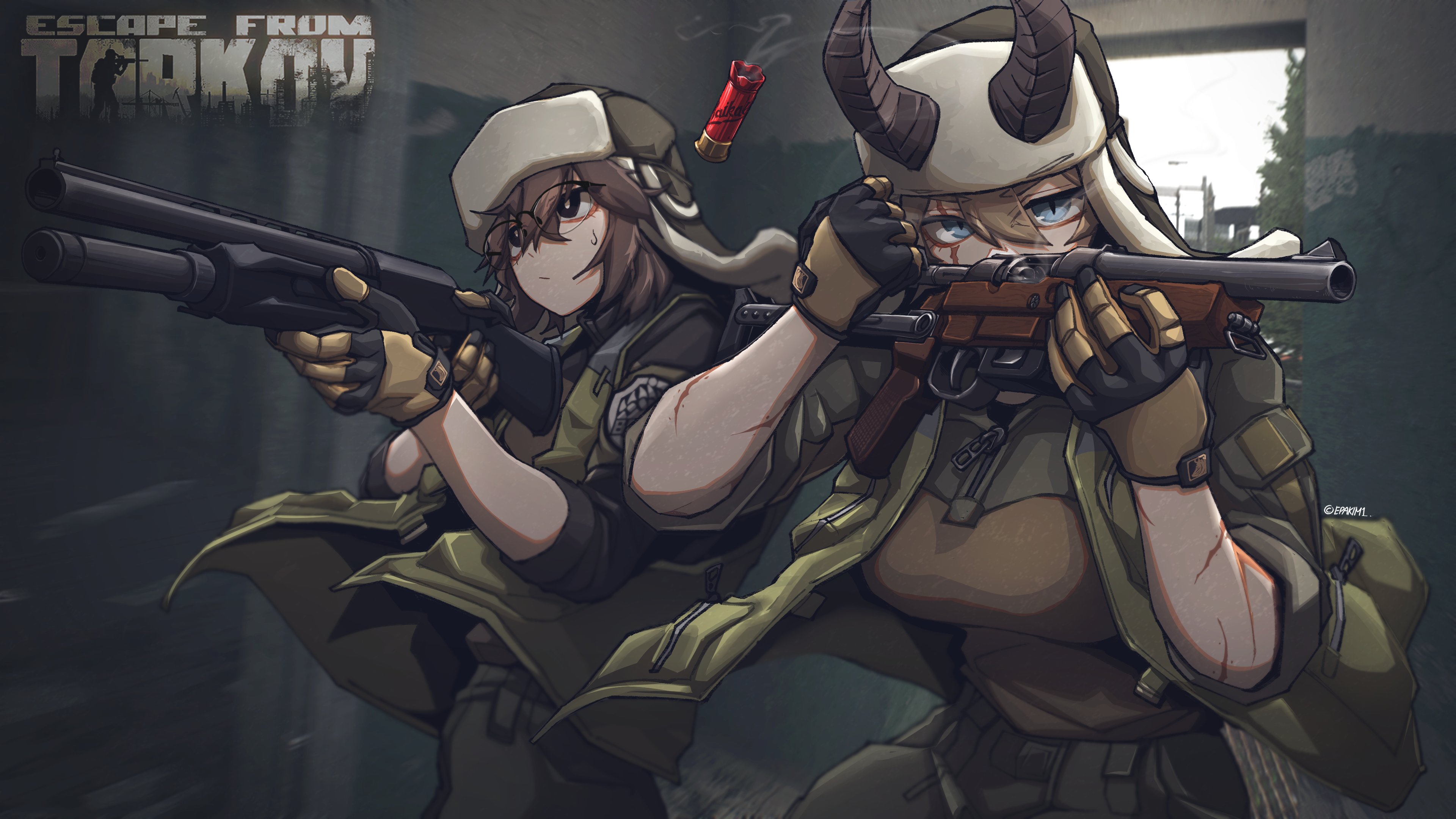 epakim, escape from tarkov, original, absurdres, commentary, english commentary, highres, 2girls, aiming, blonde hair, blue eyes, bolt action, borrowed character, breasts, brown hair, brown jacket, closed mouth, copyright name, crossed bangs, crossover, game screenshot background, glasses, gloves, green jacket, green pants, gun, hair between eyes, hat, holding, holding weapon, horns, indoors, jacket, lamia (epakim), large breasts, load bearing vest, medium hair, mp-153, multicolored jacket, multiple girls, pants, scar, scar across eye, scar on arm, scar on face, screenshot background, semi-rimless eyewear, shotgun, shotgun shell, sleeves rolled up, slit pupils, smoke, smoke trail, sweatdrop, toz-106, two-tone gloves, two-tone jacket, upper body, ushanka, weapon