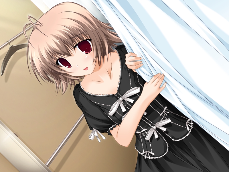 tenmaso, kitagami kanako, always (visual novel), game cg, 1girl, antenna hair, black dress, bow, cartains, changing, clothes hanger, curtains, dress, dressing, dressing room, female focus, goth fashion, red eyes, shop, shopping, smile, solo
