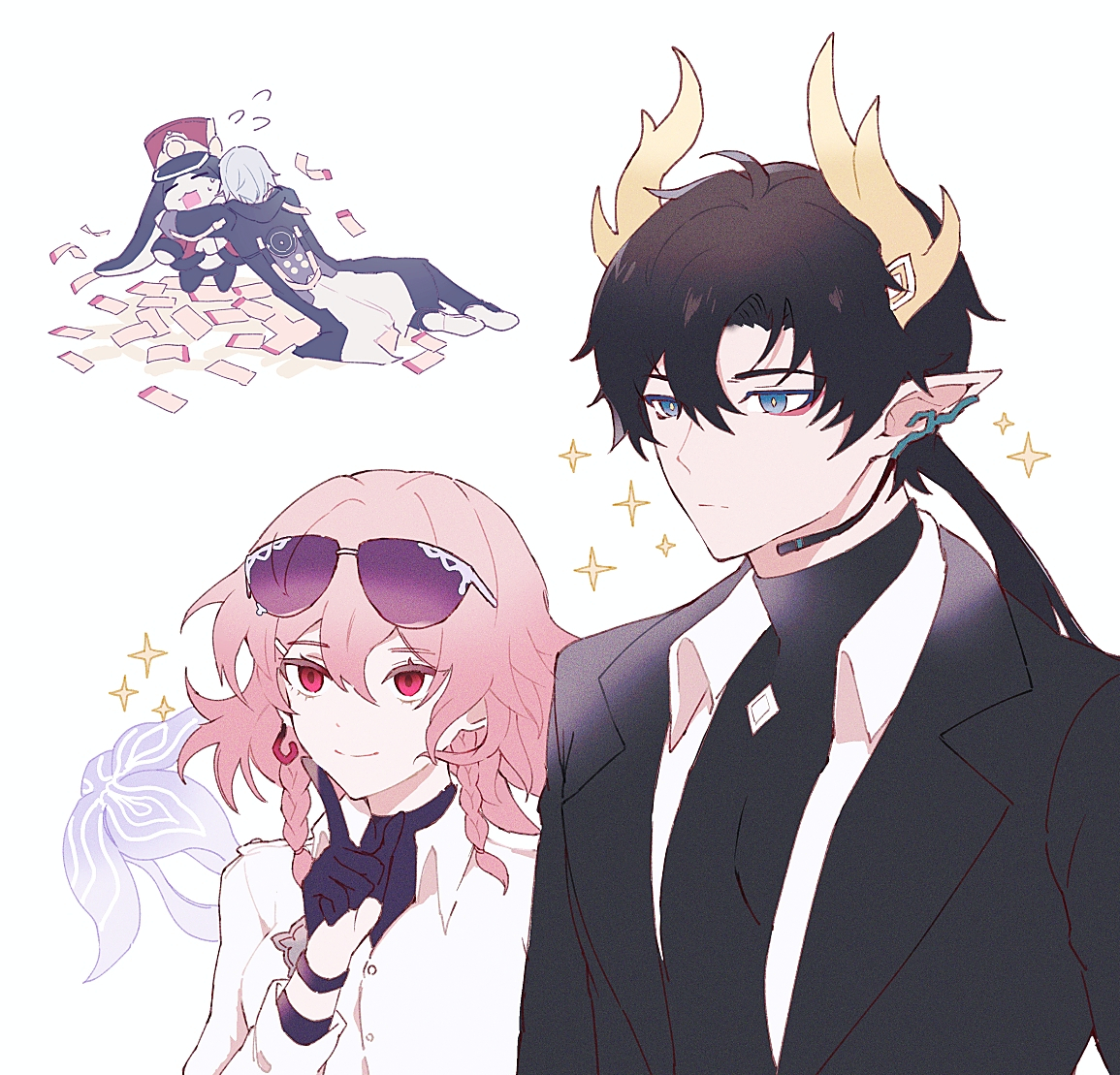 mokufuwa nnshi, caelus (honkai: star rail), dan heng (honkai: star rail), dan heng (permansor terrae) (honkai: star rail), evernight (honkai: star rail), march 7th (honkai: star rail), pom-pom (honkai: star rail), trailblazer (honkai: star rail), honkai: star rail, honkai (series), 1girl, 2boys, black coat, black gloves, black hair, braid, coat, dan heng (lurking) (honkai: star rail), dragon boy, dragon horns, earrings, evernight (lurking) (honkai: star rail), eyeliner, gloves, green eyes, grey hair, horns, jewelry, lapels, long hair, makeup, microphone, multiple boys, official alternate costume, parted bangs, pink hair, pointy ears, red eyeliner, red eyes, shirt, single earring, sparkle, star rail special pass (honkai: star rail), sunglasses, turtleneck, twin braids, white shirt