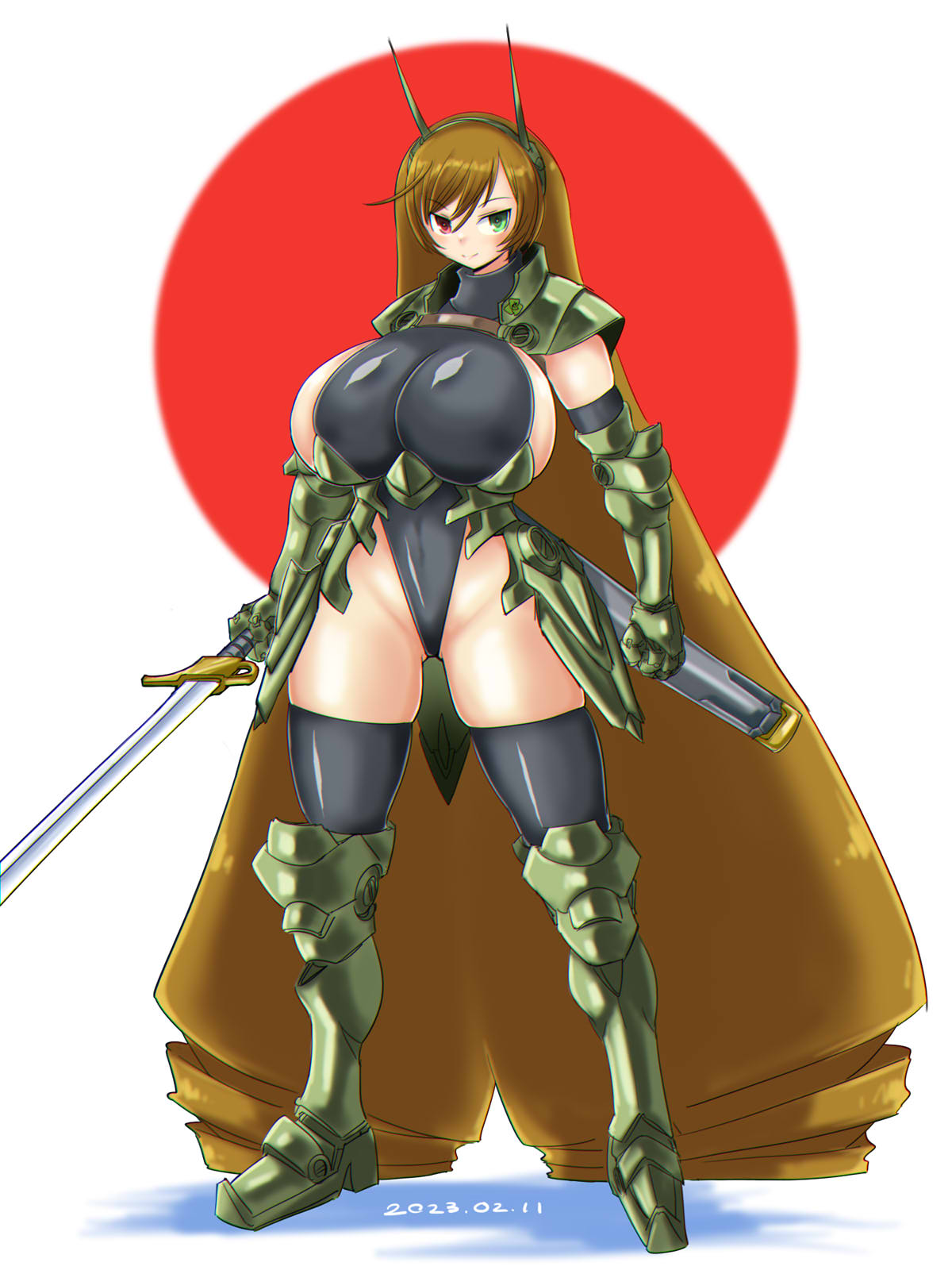 itini-sanshi, suiseiseki, rozen maiden, commentary request, highres, 1girl, absurdly long hair, alternate breast size (larger), alternate costume, armor, armored boots, black leotard, black thighhighs, boots, brown hair, closed mouth, dated, drill hair, full body, gauntlets, green armor, green eyes, headgear, heterochromia, highleg, highleg leotard, holding, holding sword, holding weapon, leotard, long hair, looking at viewer, pauldrons, red background, red eyes, shoulder armor, simple background, smile, solo, sword, thighhighs, twin drills, two-tone background, very long hair, weapon, white background