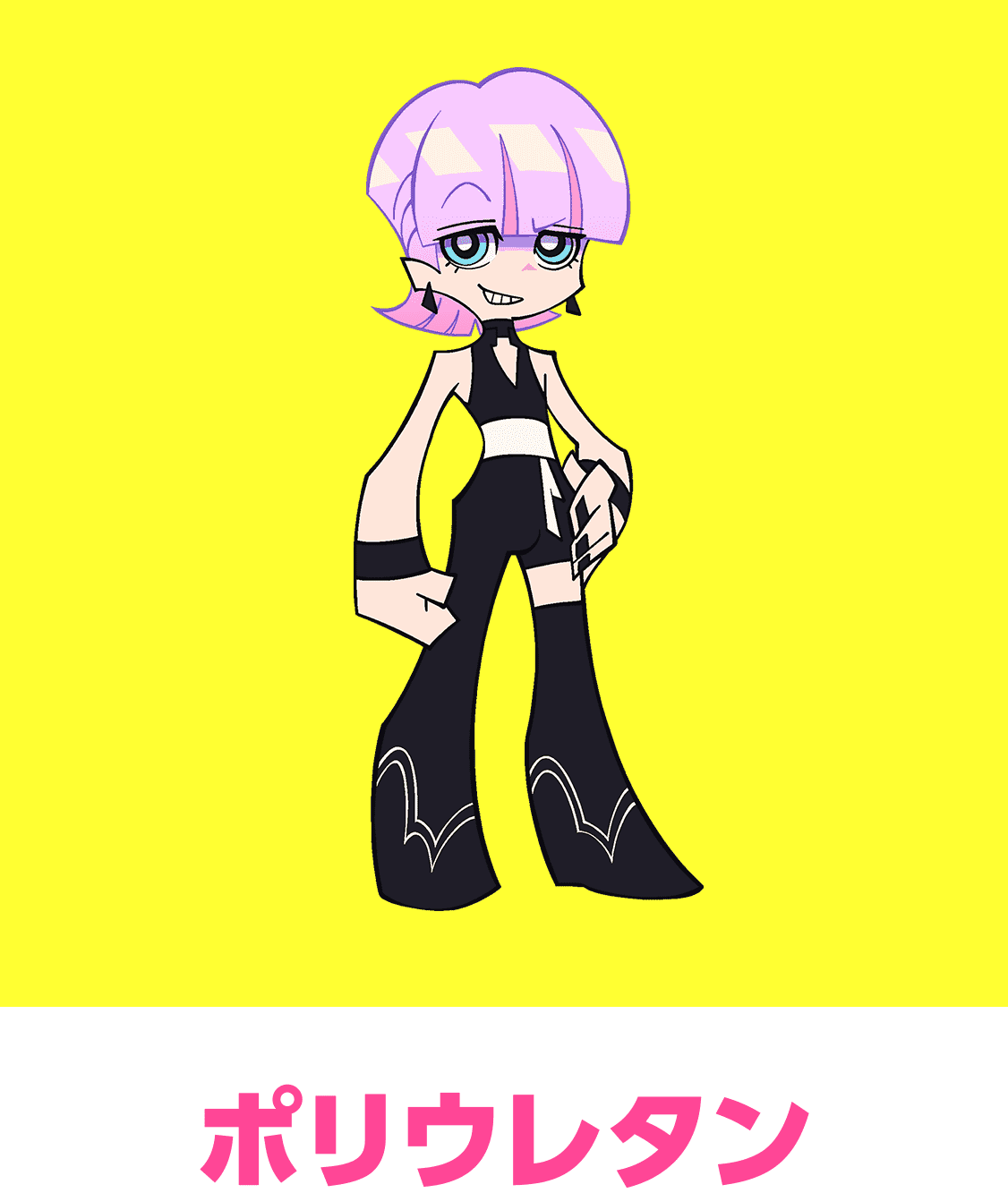 polyurethane (psg), panty & stocking with garterbelt, trigger (company), highres, official art, 1boy, black nails, black pantyhose, blue eyes, character name, earrings, jewelry, looking at viewer, naughty face, pantyhose, pink hair, simple background, solo, standing, teeth, yellow background