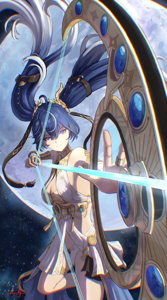 chucky (chucky1000sun), iuno (wuthering waves), wuthering waves, commentary request, highres, 1girl, ahoge, ancient greek clothes, bare shoulders, black skirt, blue eyes, blue hair, breasts, chromatic aberration, cleavage, closed mouth, floating hair, full moon, gold bra, gradient hair, greco-roman clothes, hair between eyes, hair floating upwards, laurel crown, looking at viewer, medium breasts, miniskirt, moon, multicolored hair, showgirl skirt, skirt, solo, streaked hair, twintails, vambraces, weapon