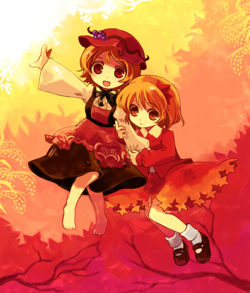 chaba (hortensia), aki minoriko, aki shizuha, touhou, 2girls, autumn, autumn leaves, female focus, hair ornament, hat, leaf, leaf hair ornament, mob cap, multiple girls, siblings, sisters