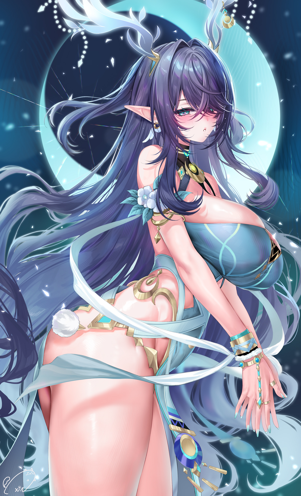 weisuoxin, lauma (genshin impact), genshin impact, highres, 1girl, antler ornament, antlers, bare shoulders, blue dress, blue eyes, blue hair, blue nails, blush, breasts, deer antlers, dress, fingernails, from side, hair over one eye, horns, large breasts, long hair, looking at viewer, looking to the side, nail polish, own hands together, parted lips, pointy ears, sleeveless, sleeveless dress, solo, very long hair
