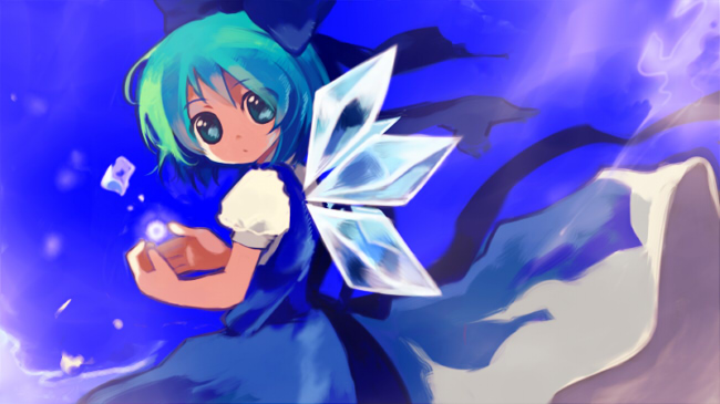 chaba (hortensia), cirno, embodiment of scarlet devil, touhou, 1girl, aqua hair, blue background, blue bow, blue dress, blue eyes, blue ribbon, bow, dress, female focus, from side, glowing, hair bow, ice, ice wings, puffy short sleeves, puffy sleeves, ribbon, shirt, short hair, short sleeves, solo, white shirt, wings