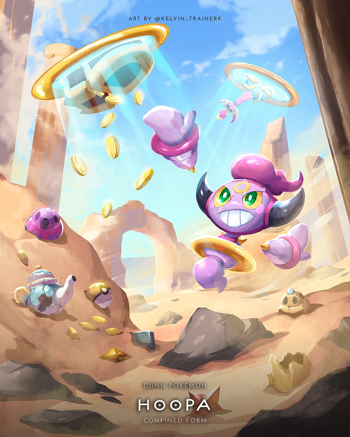 kelvin-trainerk, hoopa, hoopa (confined), nintendo, pokemon, commentary, english commentary, highres, blue sky, bright pupils, character name, cloud, colored sclera, crack, day, desert, english text, floating, full body, gen 6 pokemon, green eyes, grin, gs ball, horns, king's rock, legendary pokemon, luck incense, mythical pokemon, no humans, odd incense, outdoors, pillar, poke ball, pokemon (creature), pokemon focus, portal (object), prison bottle, rayman limbs, rock, sand, sky, smile, solo, star piece (pokemon), teapot, teeth, treasure chest, white pupils, yellow sclera