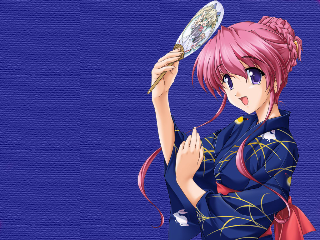 hayasaka hiyori, mizuiro, 00s, 1girl, blue background, blue eyes, blue kimono, female focus, hand fan, japanese clothes, kimono, paper fan, pink hair, solo, uchiwa, yukata