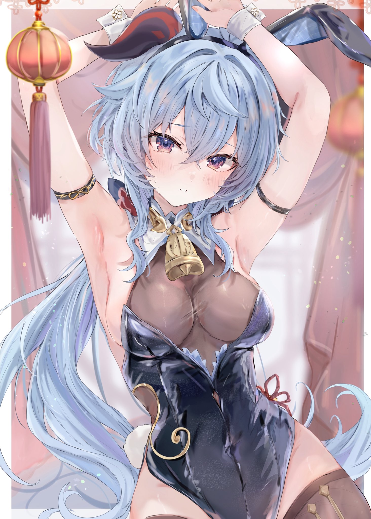 maruro, ganyu (genshin impact), genshin impact, highres, 1girl, alternate costume, animal ear hairband, animal ears, armpits, arms up, bell, black leotard, blue hair, breasts, cowbell, fake animal ears, goat horns, hairband, horns, leotard, long hair, medium breasts, neck bell, parted lips, purple eyes, rabbit ear hairband, rabbit ears, solo, sweatdrop, wrist cuffs