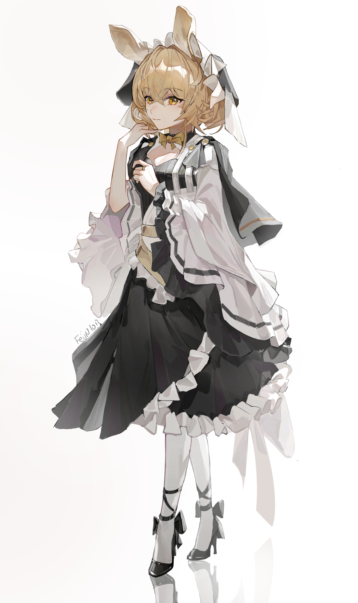feijiu, dorothy (arknights), arknights, chinese commentary, commentary request, highres, partial commentary, 1girl, animal ears, black dress, black hat, black shoes, blonde hair, bow, bowtie, closed mouth, crossed bangs, dress, frilled dress, frilled hat, frills, full body, hair between eyes, hat, high heels, jewelry, layered dress, light smile, long sleeves, looking at viewer, pantyhose, reflection, reflective floor, ring, shoes, short hair, solo, standing, white background, white pantyhose, wide sleeves, yellow bow, yellow bowtie, yellow eyes