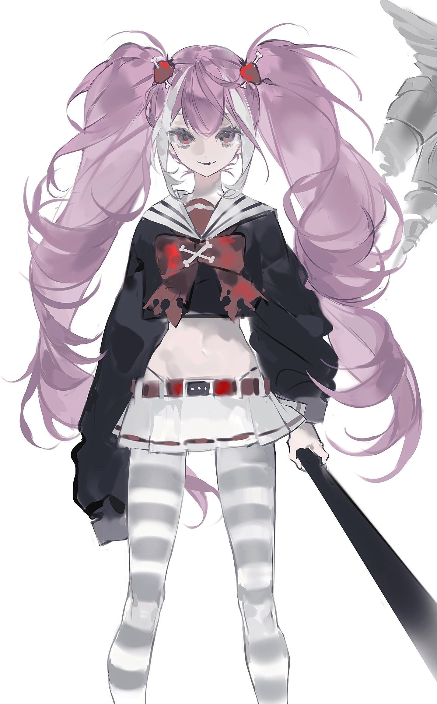 original, highres, 1girl, baseball bat, belt, bow, bowtie, crop top, hair between eyes, hair ornament, heilanshuimuchu, holding, holding baseball bat, long hair, long sleeves, looking at viewer, midriff, miniskirt, multicolored hair, navel, pantyhose, pink hair, pleated skirt, red bow, red eyes, sailor collar, school uniform, serafuku, sidelocks, simple background, skirt, sleeves past fingers, sleeves past wrists, solo, standing, streaked hair, striped clothes, striped thighhighs, thighhighs, twintails, very long hair, white background, white hair, white skirt