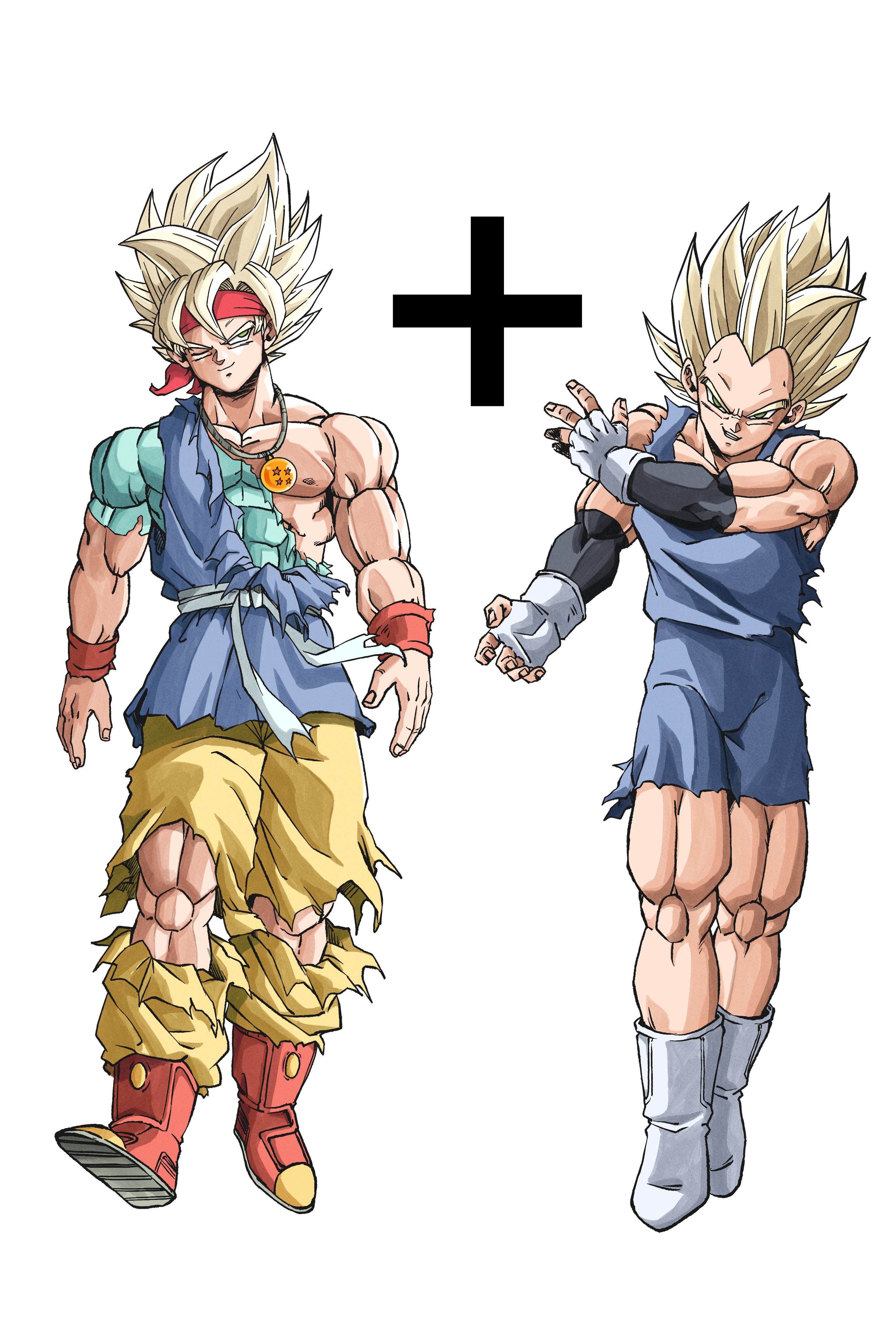 beatlo (rodrigo38658978), son goku jr., vegeta jr., dragon ball, dragon ball gt, absurdres, highres, 2boys, aged up, blonde hair, blue bodysuit, blue shirt, blue tunic, bodysuit, dragon ball (object), fingerless gloves, full body, gloves, green eyes, male focus, medium hair, multiple boys, muscular, muscular male, one eye closed, pants, shirt, spiked hair, torn bodysuit, torn clothes, torn pants, torn shirt, torn tunic, tunic, white gloves, yellow pants