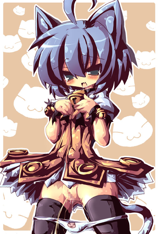 dango mushi, midarezaki kyouka, kyouran kazoku nikki, 00s, animal ears, bell, blush, cat ears, cat tail, censored, dress, loli, mosaic censoring, panties, panty pull, pee, peeing, pussy, saliva, short hair, solo, tail, thighhighs, two-tone dress, underwear