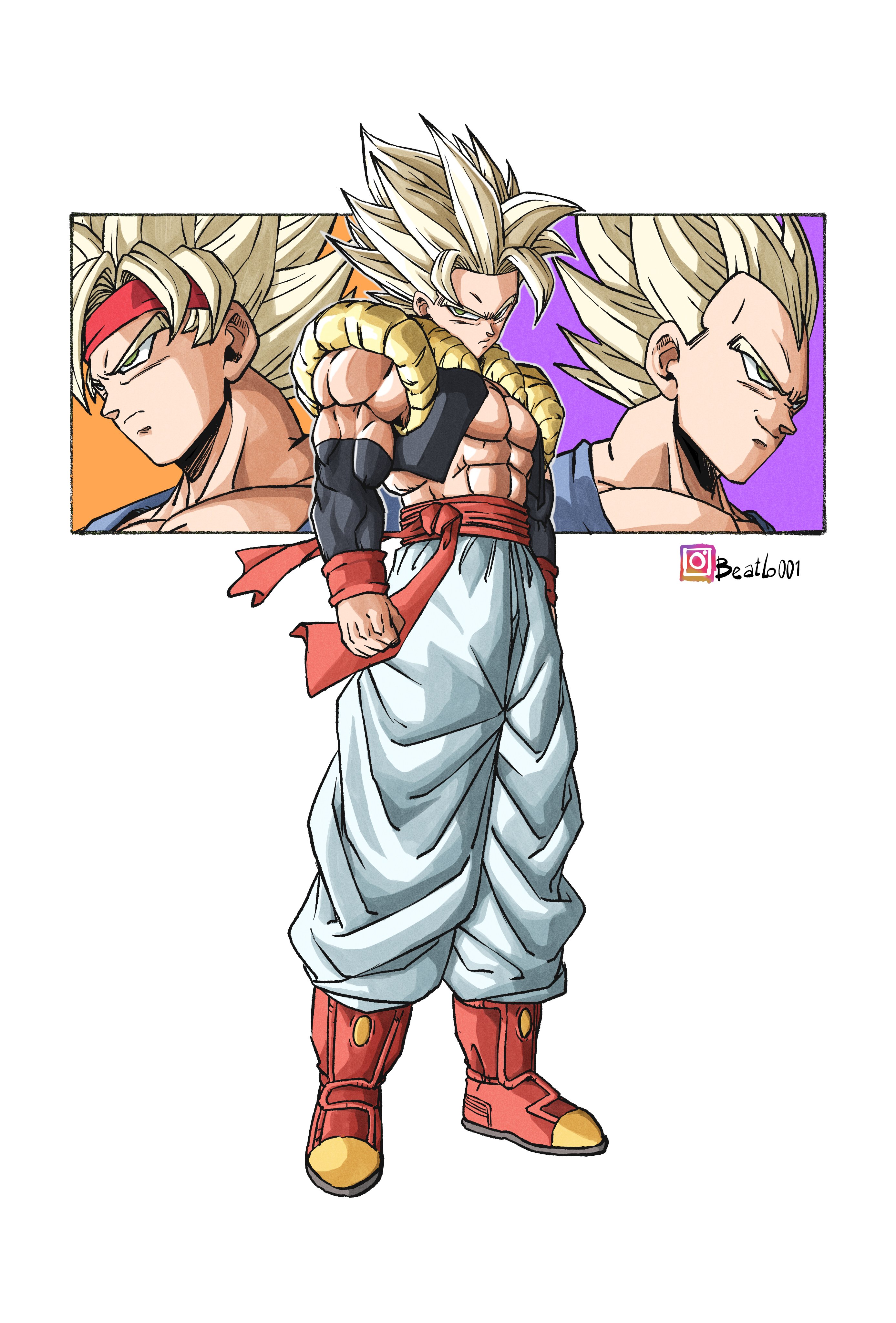 beatlo (rodrigo38658978), son goku jr., vegeta jr., dragon ball, dragon ball gt, absurdres, highres, 3boys, abs, aged up, bare shoulders, black vest, blonde hair, boots, clenched hand, closed mouth, cropped vest, fusion, green eyes, instagram logo, instagram username, male focus, metamoran vest, multiple boys, muscular, muscular male, pants, red boots, red sash, sash, solo focus, spiked hair, vest, white pants