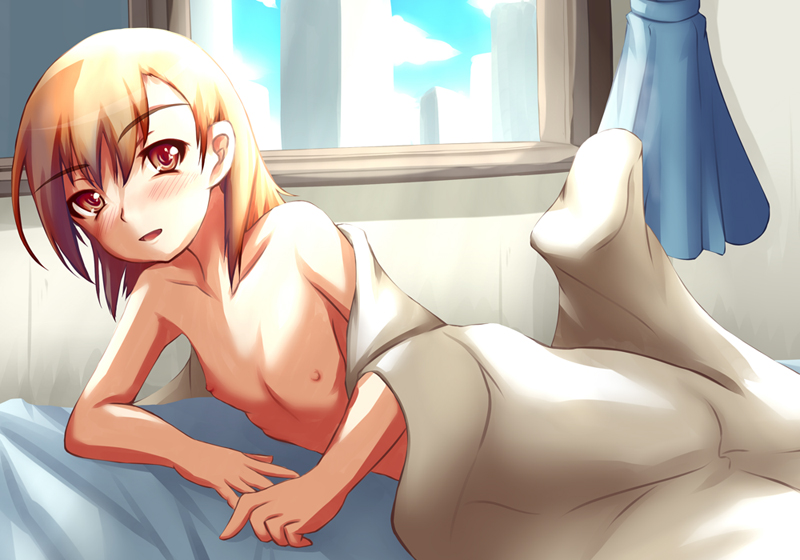 ast exception, fuyutsuki asuto, misaka mikoto, toaru majutsu no index, 00s, 1girl, bed, bed sheet, blanket, blush, collarbone, female focus, flat chest, lying, naked sheet, nipples, nude, solo, under covers, window