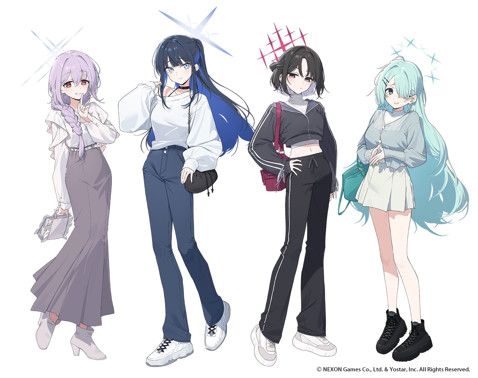 hayashi kewi, atsuko (blue archive), hiyori (blue archive), misaki (blue archive), saori (blue archive), blue archive, commentary request, highres, official art, bag, black choker, black hair, black jacket, black shoes, blue hair, boots, braid, breasts, choker, closed mouth, cropped jacket, full body, hair between eyes, hair ornament, hair over one eye, hair over shoulder, hairclip, hand on own hip, high heel boots, high heels, holding, index finger raised, jacket, long hair, long sleeves, looking at viewer, multicolored hair, multiple girls, navel, off shoulder, own hands together, pants, purple hair, red eyes, shirt, shoes, short hair, simple background, single braid, skirt, sleeves past wrists, sneakers, standing, track jacket, track pants, turtleneck, very long hair, white background, white shoes
