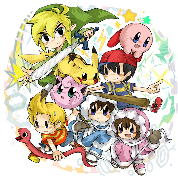 ice climbers, jigglypuff, kirby, link, lucas (mother 3), nana (ice climber), ness (mother 2), pikachu, popo (ice climber), toon link, ice climber, kirby (series), mother (series), mother 2, mother 3, nintendo, pokemon, super smash bros., the legend of zelda, image sample, pixiv sample, resized, 1girl, 4boys, baseball bat, black eyes, black hair, blonde hair, blue eyes, brown hair, child, gen 1 pokemon, green eyes, hat, holding, holding sword, holding weapon, master sword, multiple boys, pointy ears, pokemon (creature), quiff, snake, sweatdrop, sword, weapon