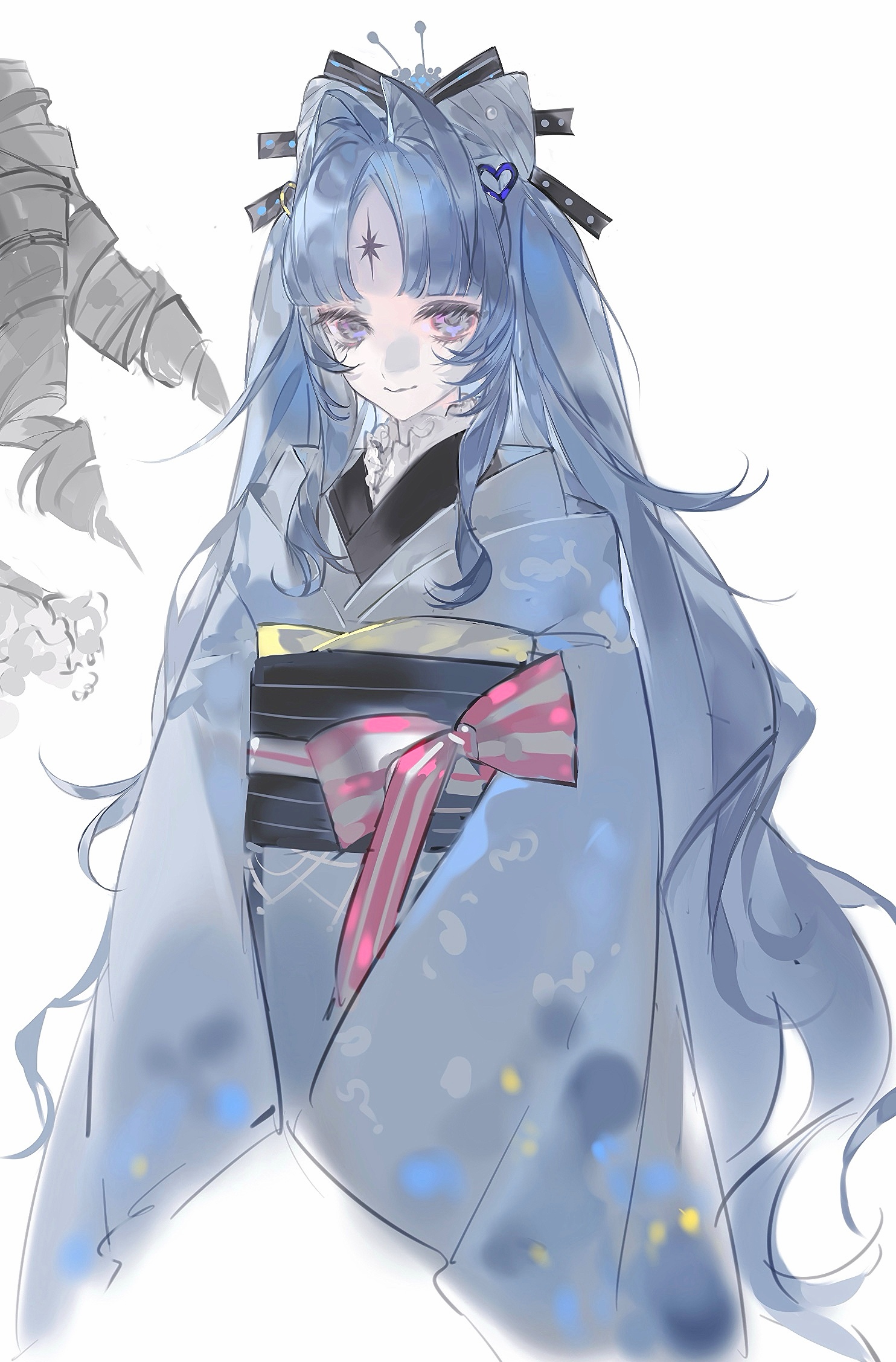 original, highres, 1girl, black sash, blue hair, blue kimono, bow, facial mark, forehead mark, hair bun, hair intakes, hair ornament, heilanshuimuchu, japanese clothes, kimono, long hair, long sleeves, looking at viewer, obi, parted lips, purple eyes, sash, sidelocks, simple background, sleeves past fingers, sleeves past wrists, smile, solo, upper body, white background, wide sleeves