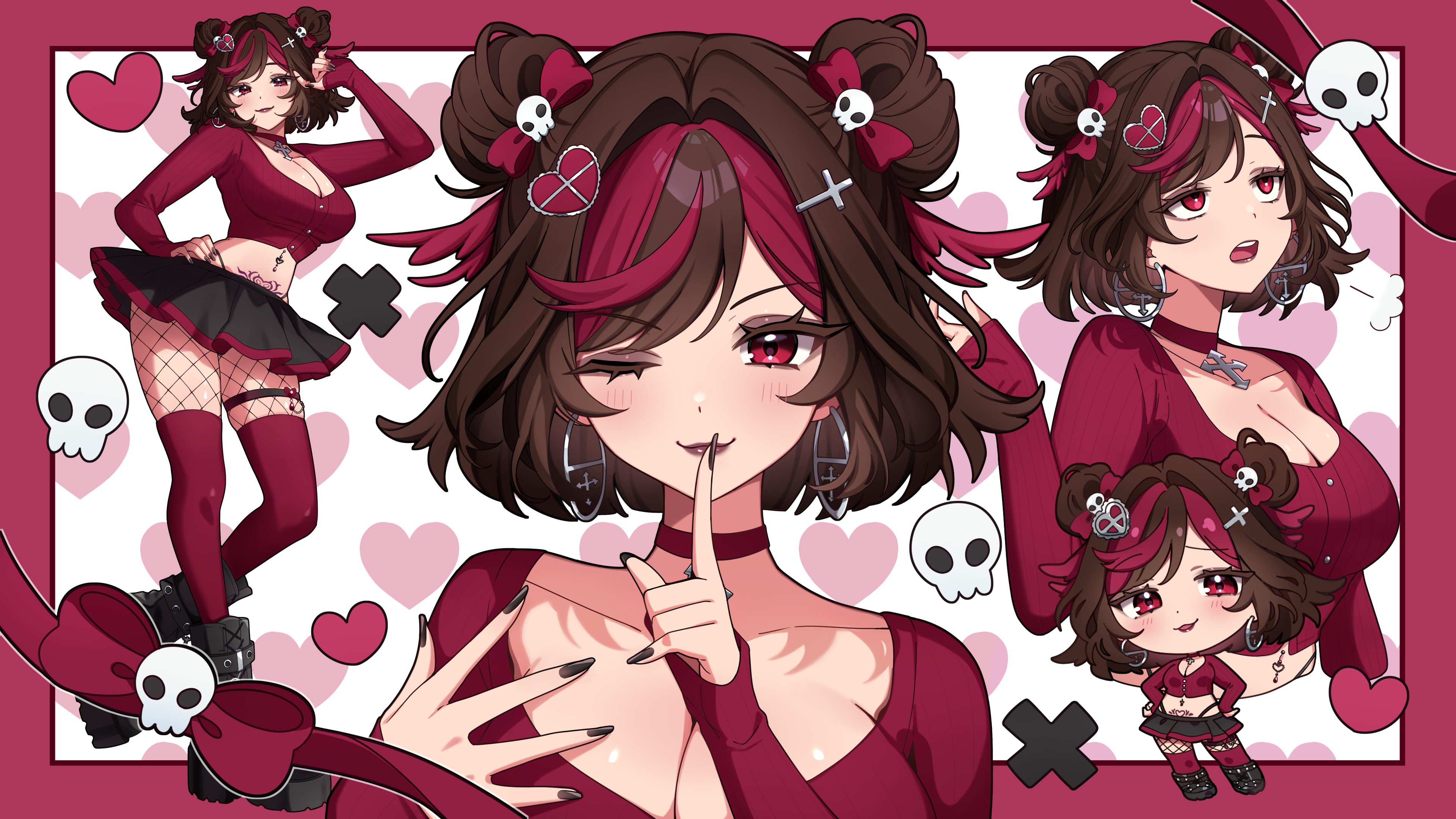 ichiko 1234, elle (vtuber), indie virtual youtuber, absurdres, commission, highres, vgen commission, 1girl, black boots, black nails, black skirt, boots, breasts, brown hair, choker, cleavage, crop top, double bun, earrings, finger to mouth, fishnet pantyhose, fishnets, hair bun, hand up, hoop earrings, jewelry, large breasts, long sleeves, looking at viewer, midriff, mini person, minigirl, miniskirt, multicolored hair, multiple views, nail polish, navel, navel piercing, one eye closed, open mouth, pantyhose, piercing, red choker, red eyes, red shirt, red thighhighs, shirt, short hair, shushing, skirt, stomach, stomach tattoo, streaked hair, tattoo, thighhighs, two-tone hair, virtual youtuber, zettai ryouiki