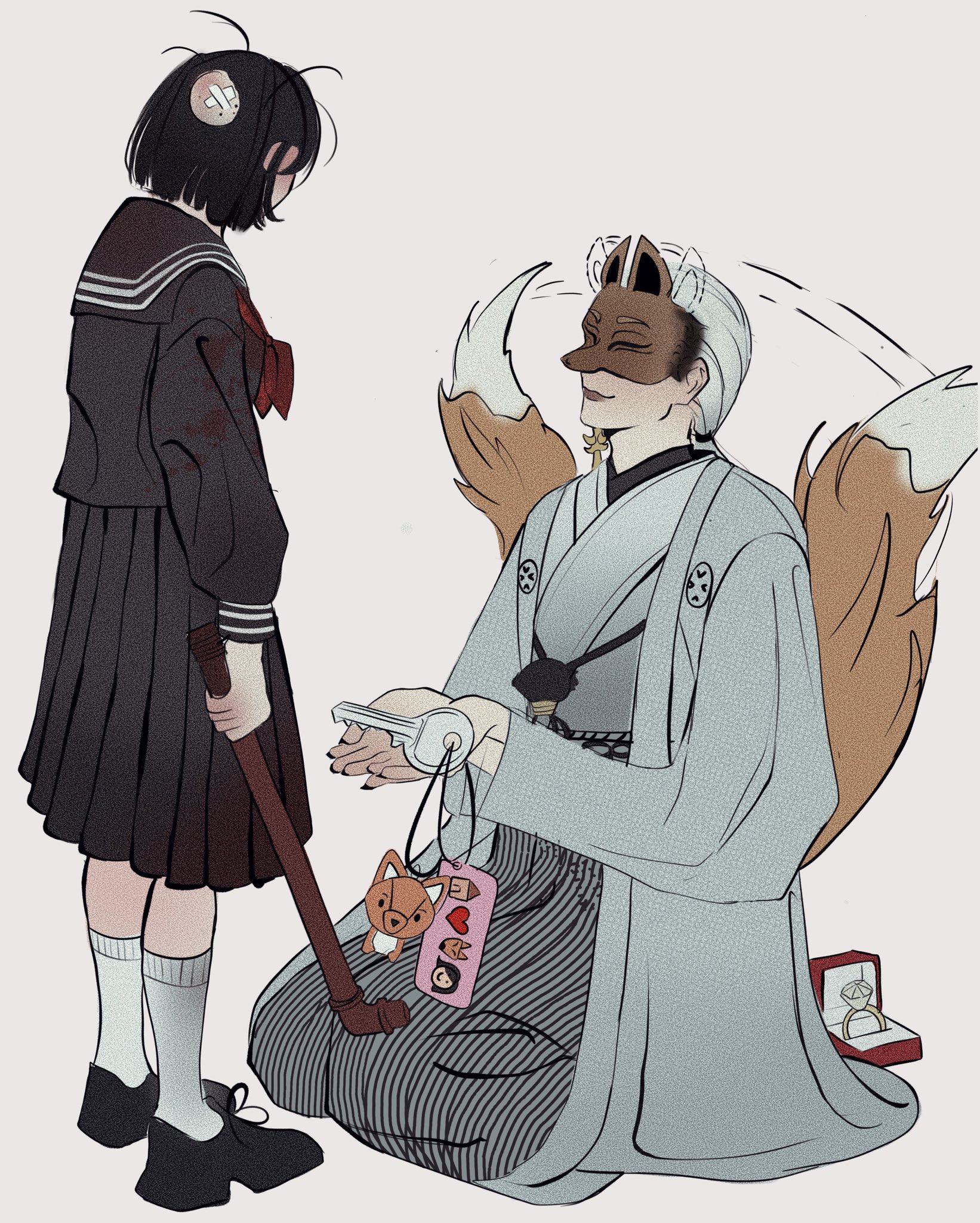 fox mask (silent hill), shimizu hinako, silent hill (series), silent hill f, highres, 1boy, 1girl, black serafuku, blood, fox boy, fox mask, foxmaask, holding, holding key, holding lead pipe, japanese clothes, jewelry, key, kimono, lead pipe, mask, neckerchief, red neckerchief, ring, school uniform, serafuku, wedding ring, white hair, white kimono