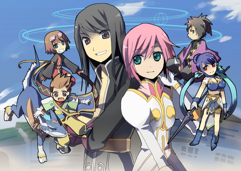 nobu (knob), estellise sidos heurassein, judith (tales), karol capel, raven (tales), repede (tales), rita mordio, yuri lowell, tales of (series), tales of vesperia, md5 mismatch, resolution mismatch, source larger, 00s, 3boys, 3girls, armor, black eyes, black hair, blue hair, brown hair, dog, flat chest, gloves, green eyes, kiseru, long hair, multiple boys, multiple girls, pink hair, pointy ears, polearm, purple eyes, scroll, short hair, smoking pipe, spear, weapon