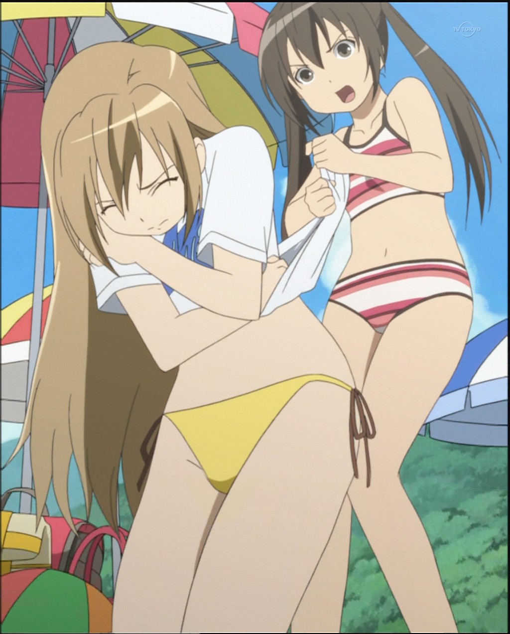 minami haruka, minami kana, minami-ke, anime screenshot, highres, non-web source, stitched, third-party edit, 00s, 2girls, bikini, day, multiple girls, shirt tug, swimsuit