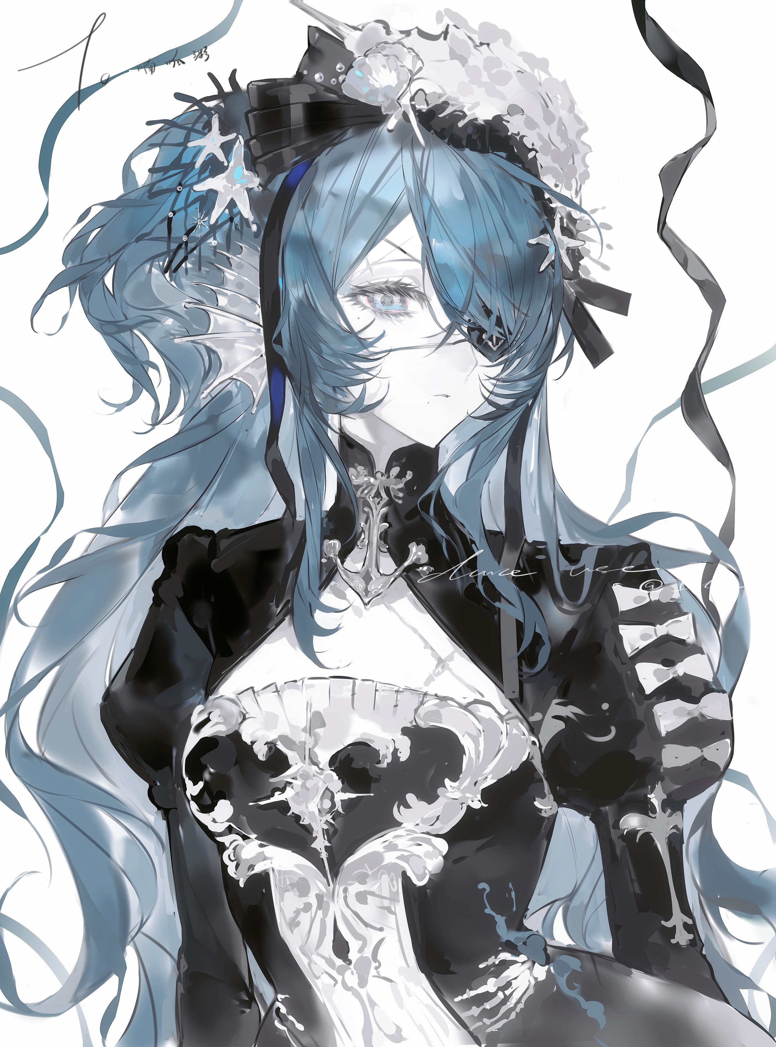original, absurdres, highres, 1girl, black dress, black ribbon, blue eyes, blue hair, blue ribbon, breasts, cleavage cutout, clothing cutout, dress, eyepatch, fins, hair ornament, hair ribbon, head fins, heilanshuimuchu, juliet sleeves, long hair, long sleeves, looking at viewer, monster girl, one eye covered, puffy sleeves, ribbon, simple background, solo, upper body, white background
