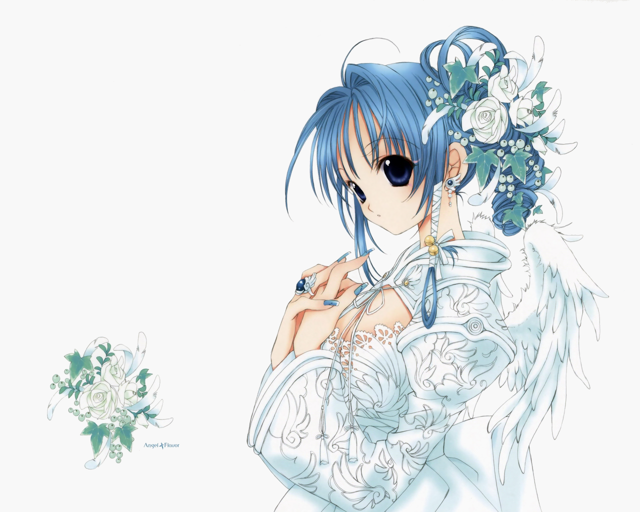 nanase aoi, angel flavor, angel wings, blue eyes, blue hair, earrings, hair ornament, hair rings, jewelry, ring, solo, wing earrings, wings