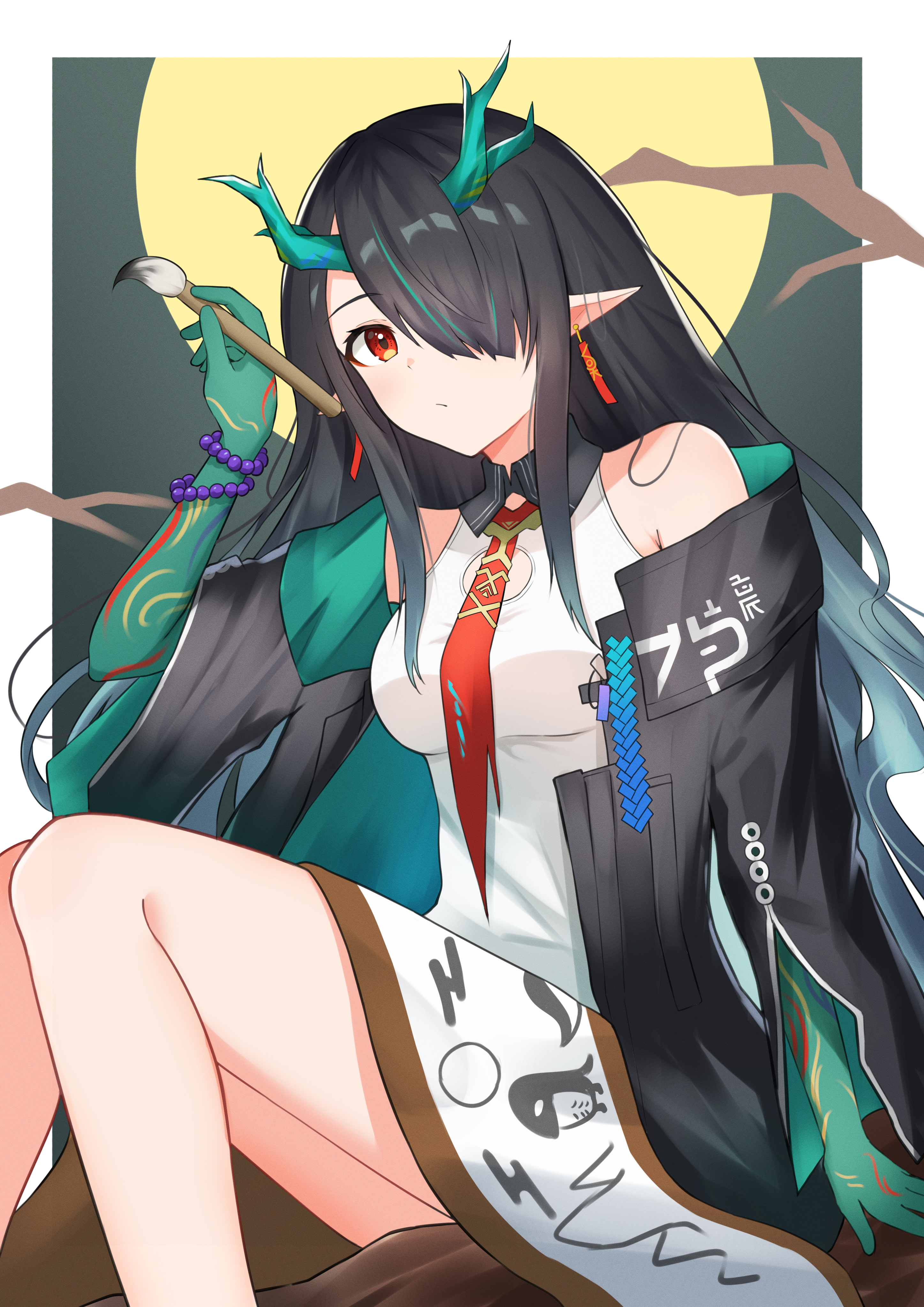 k@bu, bitey (arknights), dusk (arknights), arknights, absurdres, highres, 1girl, black hair, black jacket, calligraphy brush, colored extremities, colored skin, dragon girl, dragon horns, dress, earrings, gradient skin, green hands, green horns, green skin, hair over one eye, holding, holding calligraphy brush, holding paintbrush, horns, jacket, jewelry, long hair, looking at viewer, multicolored hair, necktie, open clothes, open jacket, paintbrush, pointy ears, red eyes, red necktie, scroll, sitting, sleeveless, sleeveless dress, solo, tassel, tassel earrings, two-sided fabric, two-sided jacket, white dress
