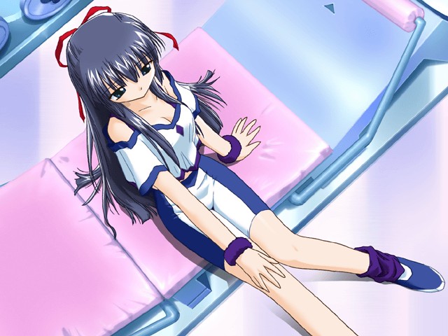 karasuma chitose, galaxy angel, non-web source, 00s, 1girl, bike shorts, blue hair, dutch angle, female focus, green eyes, indoors, sitting, solo, spacecraft, wristband