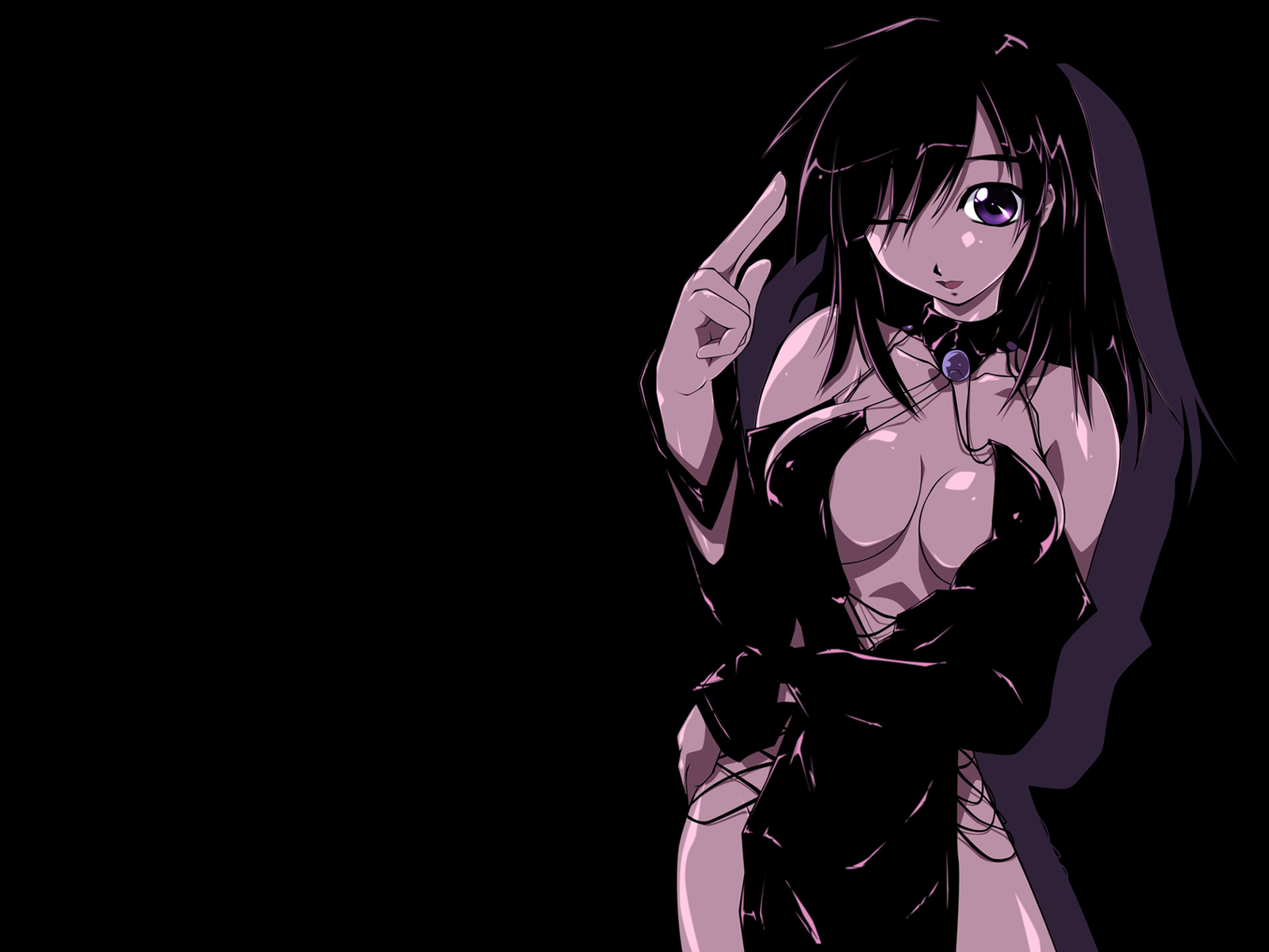 amei sumeru, original, highres, 1girl, black hair, breasts, center opening, cleavage, dark, female focus, large breasts, one eye closed, pelvic curtain, purple eyes, solo, wink