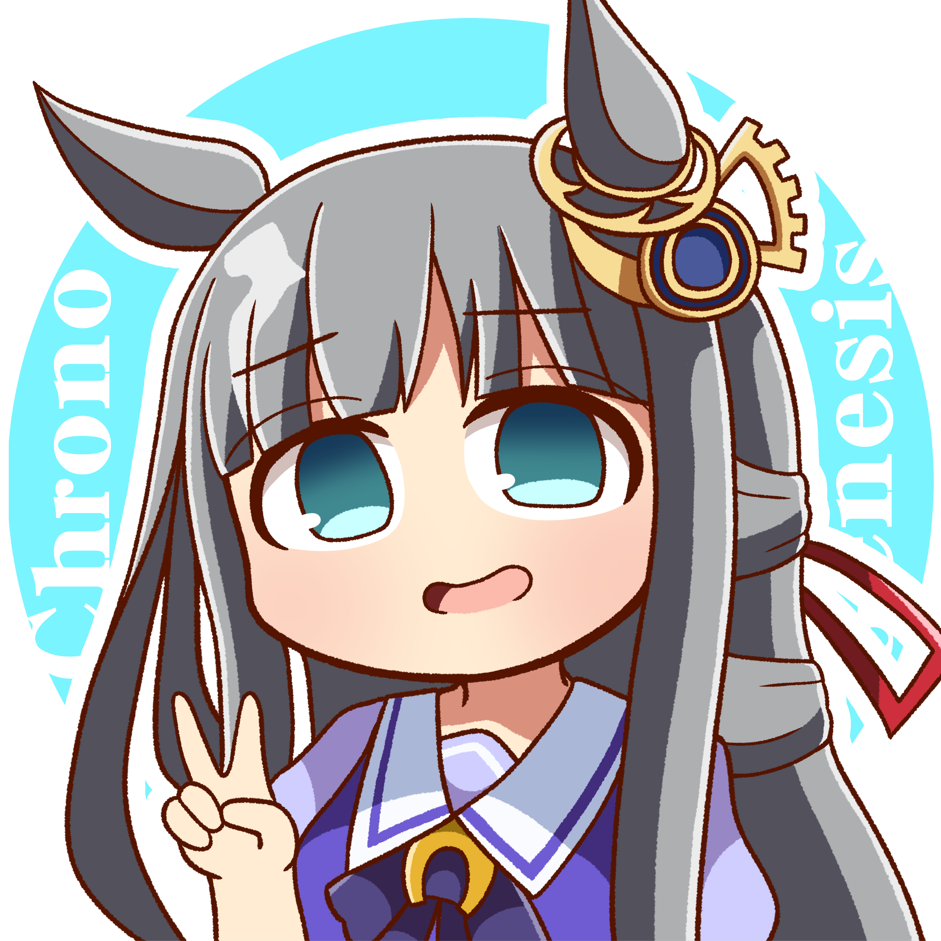 chrono genesis (umamusume), umamusume, absurdres, commentary request, highres, 1girl, animal ears, blush, breasts, character name, hair between eyes, hair ornament, horse girl, horse tail, long hair, looking at viewer, portrait, school uniform, simple background, solo, tail, tanuko (yu-neko3939), tracen school uniform, v