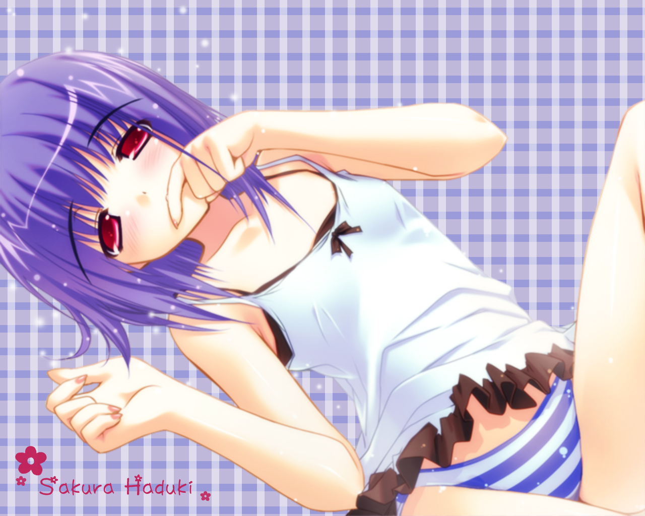hazuki sakura, pastel (game), non-web source, blush, camisole, flat chest, long hair, no pants, panties, pink eyes, purple hair, red eyes, short hair, striped clothes, striped panties, underwear
