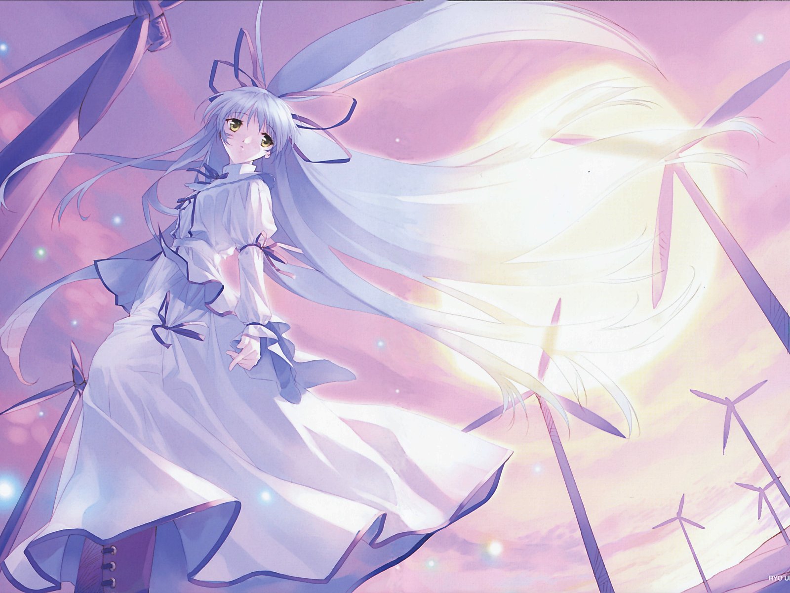 ueda ryou, kisaragi sarasa, sorairo no organ, highres, boots, hair ribbon, long hair, ribbon, sky, very long hair, wind, wind turbine, windmill