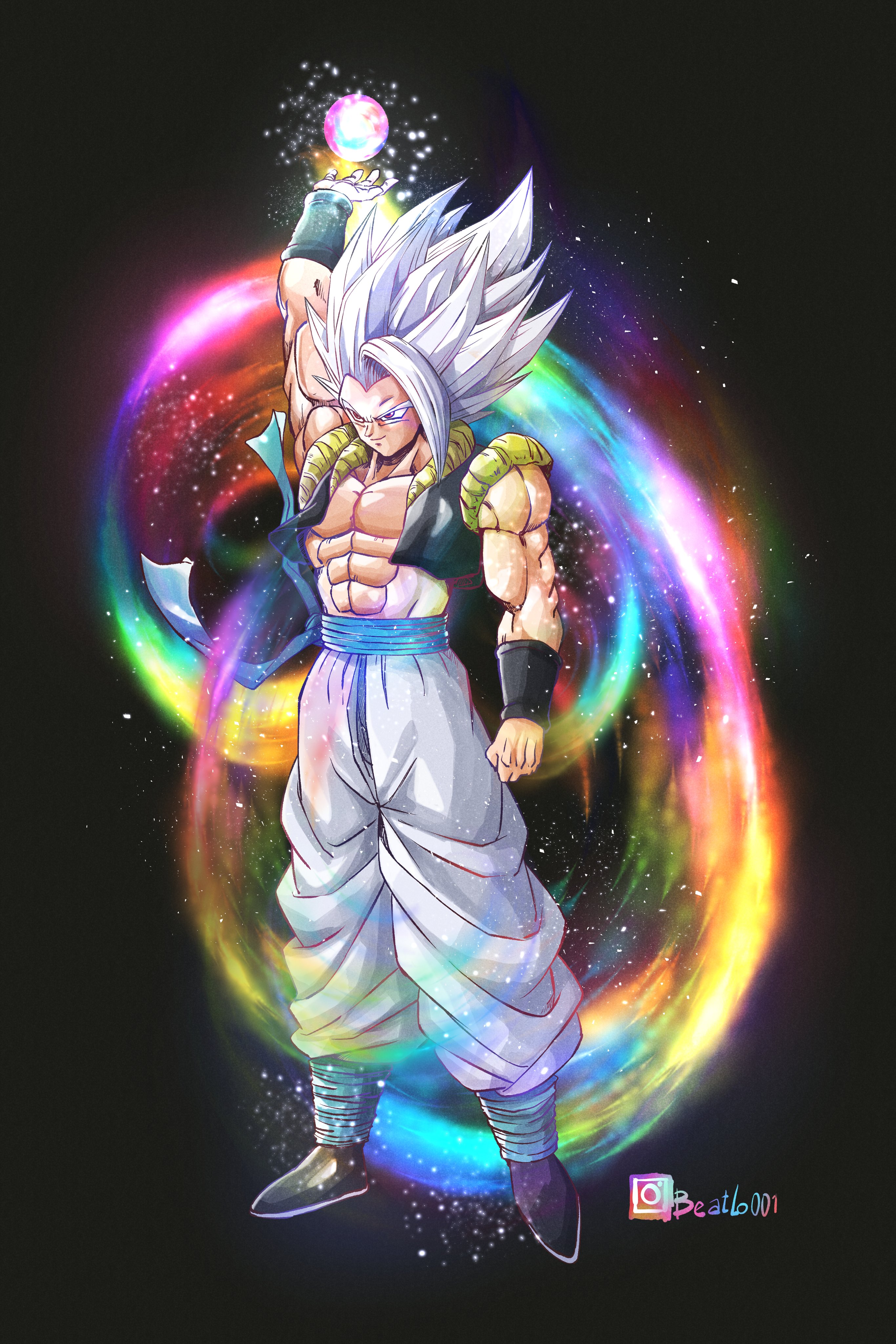 beatlo (rodrigo38658978), gogeta, gohan beast, son gohan, dragon ball, dragon ball super, dragon ball super broly, dragon ball super super hero, absurdres, highres, 1boy, abs, alternate eye color, alternate form, alternate hair color, alternate hairstyle, arm up, aura, black vest, blue sash, cropped vest, energy orb, full body, grey hair, instagram logo, instagram username, long hair, male focus, metamoran vest, muscular, muscular male, no shirt, open clothes, open vest, pants, sash, simple background, solo, spiked hair, vest, white pants