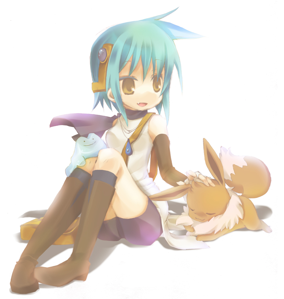 n:go, ditto, eevee, nintendo, pixiv, pixiv trainer, pokemon, 1girl, alternate color, bike shorts, blue hair, boots, brown eyes, fang, gen 1 pokemon, open mouth, pokemon (creature), smile
