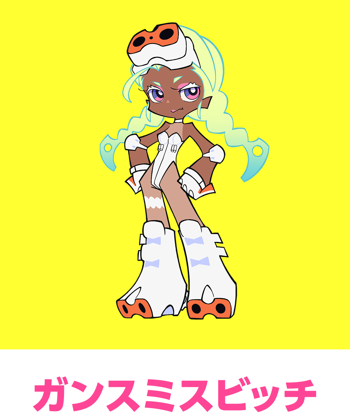 gunsmith bitch (psg), panty & stocking with garterbelt, trigger (company), highres, official art, 1girl, bare shoulders, breasts, character name, closed mouth, eyeshadow, gloves, green hair, horse tail, looking at viewer, makeup, pink eyeshadow, simple background, small breasts, solo, standing, tail, white gloves, yellow background
