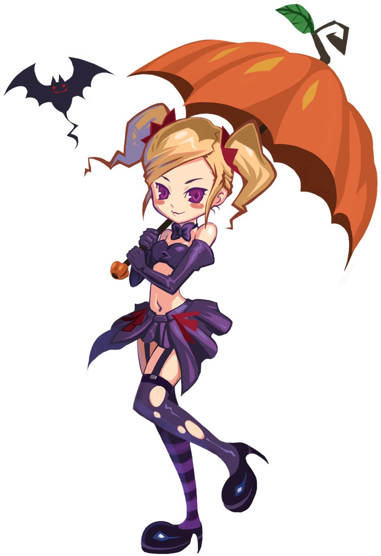 taniel, liddell, witch tale: minarai majo to 7nin no hime, bat (animal), blonde hair, blush, garter belt, goth fashion, gothic lolita, high heels, lolita fashion, midriff, orange umbrella, purple eyes, shoes, solo, striped clothes, striped thighhighs, thighhighs, torn clothes, twintails, umbrella