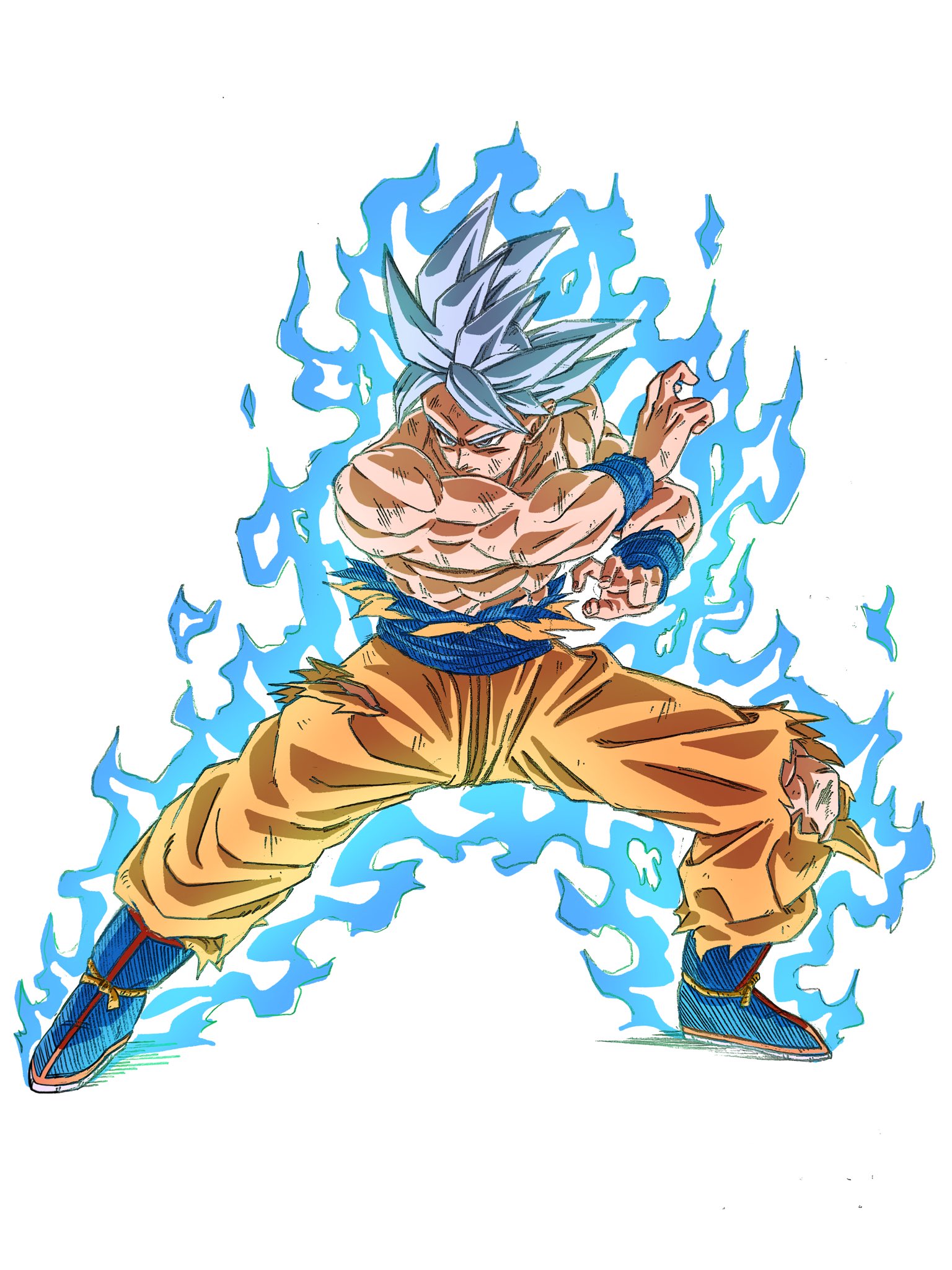 yuyu09010316, son goku, dragon ball, dragon ball super, highres, 1boy, aura, blue boots, blue sash, boots, fighting stance, full body, grey hair, male focus, medium hair, orange pants, pants, sash, simple background, solo, spiked hair, topless male, ultra instinct, white background