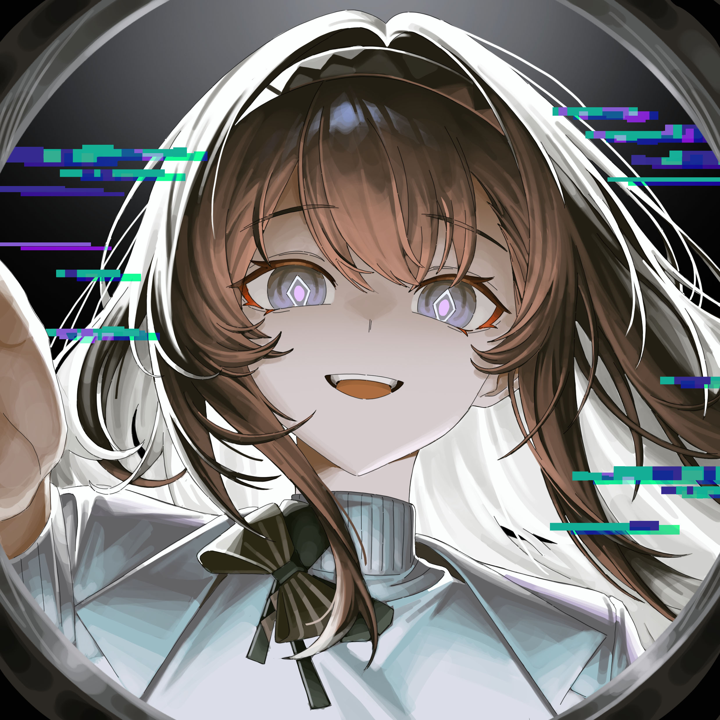 priestess (arknights), arknights, absurdres, highres, 1girl, :d, black bow, black eyes, black hair, black hairband, bow, brown hair, cheong seol, colored inner hair, glitch, hair intakes, hairband, long hair, looking at viewer, multicolored hair, open mouth, pink pupils, portrait, smile, solo, sweater, teeth, turtleneck, turtleneck sweater, upper teeth only, white hair, white sweater