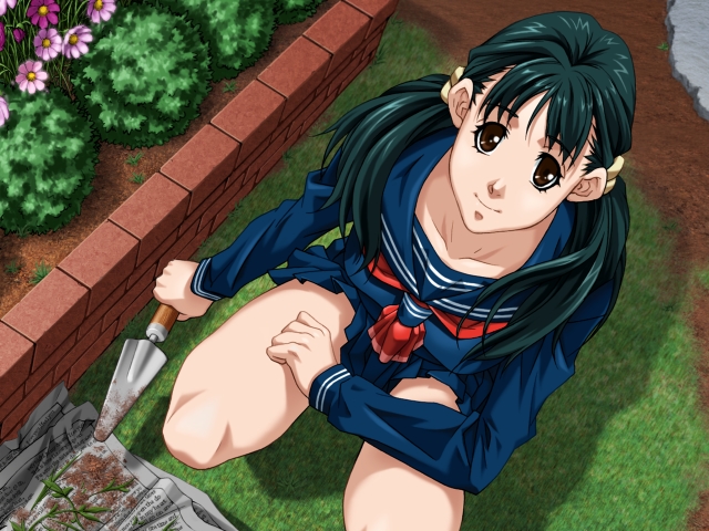 rin kyoutarou, majima satoko, akirame (bef), game cg, non-web source, 1girl, brown eyes, female focus, from above, gardening, green hair, long hair, looking up, school uniform, serafuku, solo, twintails